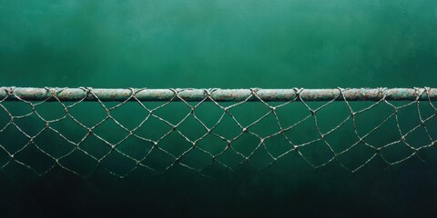 Close-up of a weathered net against a blurred green background.