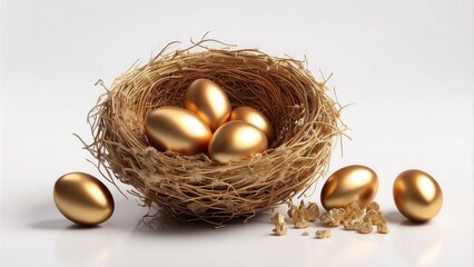 Wall Mural - Isolated golden eggs in a nest on a clear or white background, png-