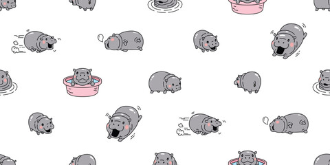 Wall Mural - baby hippo seamless pattern pygmy hippo icon vector smiling hippopotamuses running swimming zoo slee