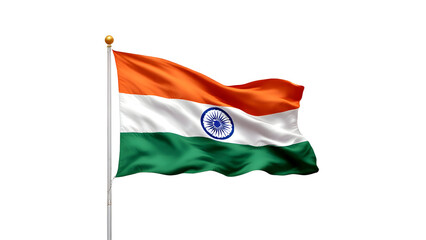 National flag of India on a flagpole, isolated on transparent background, png format.