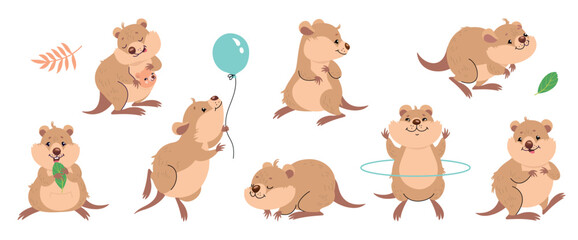 Wall Mural - Cartoon quokka. Funny quokka hold hold leaf and balloon, jump and doing exercises. Tiny australian animal with baby, cute wallaby nowaday vector set