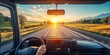© Nice Seven - Scenic View from Inside a Truck Cabin at Sunset, Capturing the Driver's Perspective on an Open Road Surrounded by Nature and Mountains