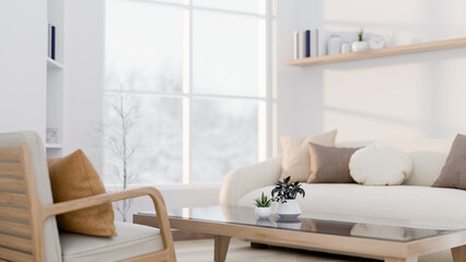 Wall Mural - The interior design of a contemporary white living room features window with a winter view.