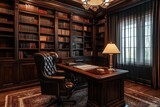 A wooden office with a large bookshelf. A perfect setting for a study or library, it shows a classic and elegant space.