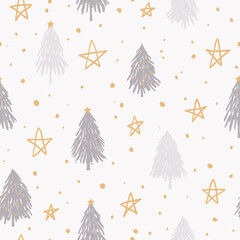 Poster - Hand drawn Christmas tree and stars seamless pattern. Holiday design in pastel colors for fabric, textile, wrapping paper, cover, gift paper