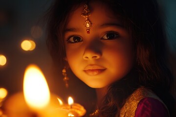 Wall Mural - A young child holding a burning candle, perfect for scenes of hope and innocence