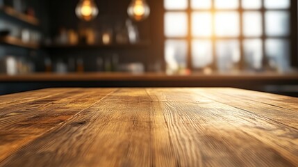 Poster - Explore the warm ambiance of a rustic wooden table in natural light