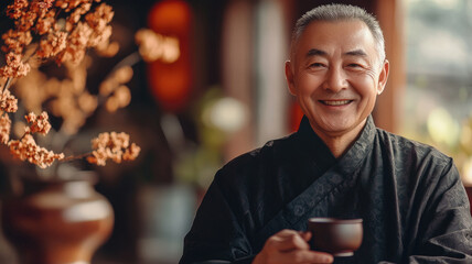 Wall Mural - Smiling senior Asian man in traditional red attire holding a teacup during Chinese New Year celebration