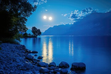 Wall Mural - a serene scene of a full moon reflecting on the calm surface of a lake, perfect for peaceful evening