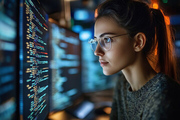 A female software engineer writes code on a desktop computer with multiple monitors in an office. A caucasian woman works on an artificial intelligence service for a large technology company.