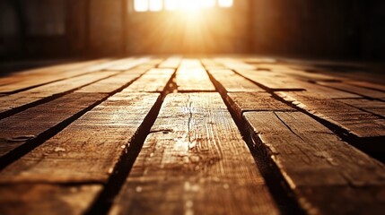 Aufkleber - Sunlight illuminates rustic wooden floor in warm glow