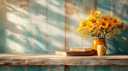 Poster - Brighten your space with colorful flowers and books on a rustic shelf