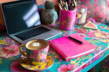 Wall Mural - A laptop computer sits on a table next to a cup of coffee, perfect for working or studying