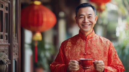 Wall Mural - Smiling senior Asian man in traditional red attire holding a teacup during Chinese New Year celebration