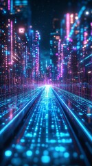 Fototapete - A futuristic cityscape illuminated with blue and purple neon lights representing digital transformation and technological advancement with side empty space for text Stockphoto style