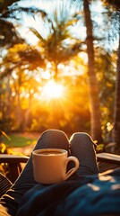 Wall Mural - A remote work setup with a laptop open on a desk coffee cup beside and a comfortable chair highlighting the shift to flexible working environments with side empty space for text Stockphoto style