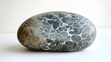 Aufkleber - Close-up detailed shot of a weathered,oval-shaped rock or stone with a mottled,textured surface pattern resembling natural geological formations. The earthy,neutral-toned colors and rough.