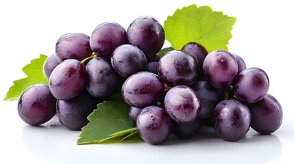 Poster - Close-up of a lush cluster of fresh,ripe,and juicy purple grapes hanging on the vine with green leaves. The grapes have a rich,vibrant color and a textured skin.