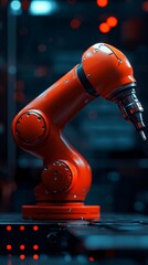 Fototapete - A sleek robotic arm working on an assembly line in a high-tech manufacturing plant capturing the role of automation in industry with side empty space for text Stockphoto style