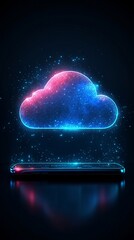 Fototapete - A close-up of a cloud icon on a smartphone screen capturing the concept of cloud storage and online data access with side empty space for text Stockphoto style