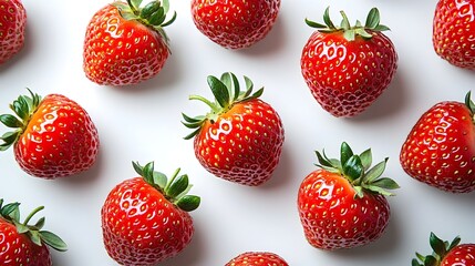 Poster - Closeup of fresh ripe red strawberries on a white background,healthy organic homegrown summer fruit with natural garden leaves. Juicy sweet strawberries,a delicious healthy snack.