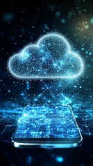 Fototapete - A close-up of a cloud icon on a smartphone screen capturing the concept of cloud storage and online data access with side empty space for text Stockphoto style