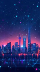 Fototapete - A digital illustration of smart city infrastructure with connected devices and data networks representing urban technology innovations with side empty space for text Stockphoto style