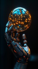 Fototapete - A robotic hand holding a holographic globe with a grid of digital networks representing global technological impact with side empty space for text Stockphoto style
