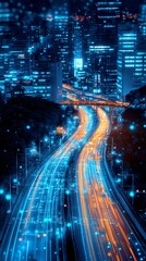 Fototapete - An aerial view of smart traffic management systems in a city with digital interfaces highlighting advancements in urban planning technology with side empty space for text Stockphoto style