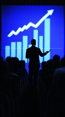 Fototapete - A confident presenter leading a team meeting with a large digital screen showing a company growth chart symbolizing leadership with side empty space for text Stockphoto style