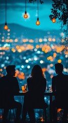 Fototapete - A business team working late in a stylish glass-walled meeting room with city lights in the background representing dedication with side empty space for text Stockphoto style