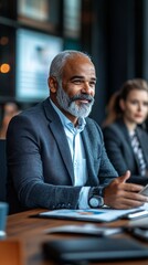 Fototapete - A diverse team giving a presentation to their CEO with a sleek digital screen showing financial reports symbolizing business growth with side empty space for text Stockphoto style