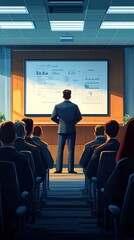 Fototapete - A manager standing in front of a whiteboard with charts explaining a strategy to the team in a bright conference room with side empty space for text Stockphoto style