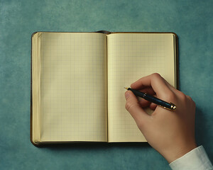 Wall Mural - Top view: businessman hand writing in an open notebook