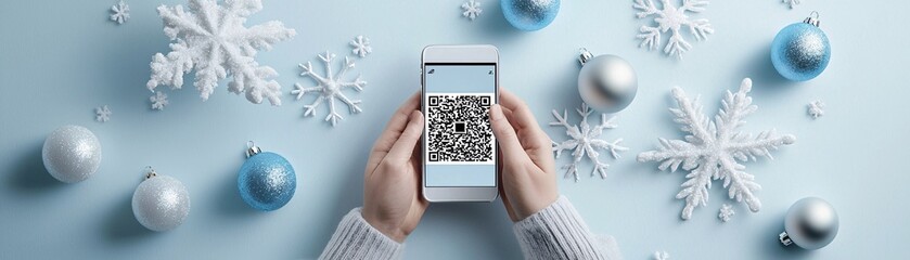 Wall Mural - A person scanning QR codes from a Christmas sale advertisement on their phone, with snowflakes and ornaments in the background.