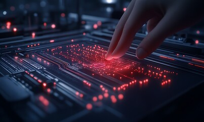 Aufkleber - A hand touches a glowing circuit board, illuminating a matrix of red lights, suggesting interaction with advanced technology.