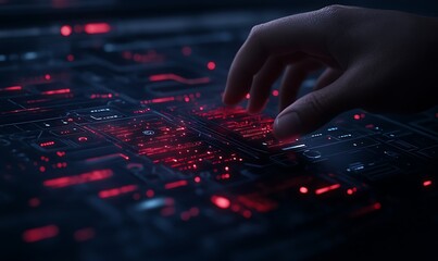 Aufkleber - A close-up of a hand interacting with a glowing, red-lit digital interface, representing technology and innovation in a futuristic setting.