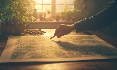 Aufkleber - A hand holding a pen draws on a detailed map, illuminated by warm sunlight streaming through a window, creating a tranquil and creative atmosphere.