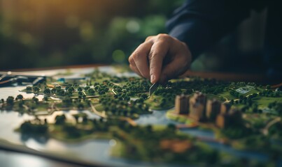 Aufkleber - A person examines a detailed model landscape, emphasizing thoughtful planning and intricate design elements in a creative setting.