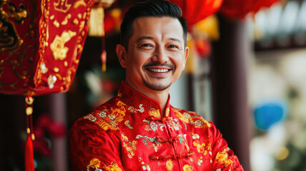 Wall Mural - Smiling Asian man in traditional red Chinese attire celebrating Chinese New Year