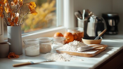 Wall Mural - Autumn kitchen setting with baking ingredients and decorative plants capturing a cozy atmosphere during a sunny morning