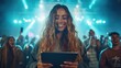 © JoxyAimages - A joyful woman with wavy hair interacts with a tablet at a bustling night event, reflecting happiness and engagement amidst the crowd, under vibrant lights.