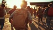 © JoxyAimages - A group of children with backpacks run enthusiastically towards a school building, illuminated by the golden glow of a setting sun, symbolizing the start of a new day.