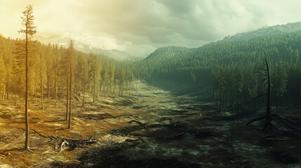 A barren landscape with dying trees contrasts with a green forest, showing Earthâ€™s changing climate. --ar 16:9 --v 6.1 Job ID: 4d725187-82e1-4190-add7-a7b29dce5fb5