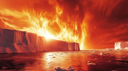 A melting glacier under a fiery red sky highlights the relentless heat impacting polar regions. --ar 16:9 --v 6.1 Job ID: 490e88cc-afa8-46ab-befd-c36ec1842bde