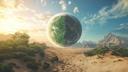 A planet split between lush greenery and barren desert shows climate change's impact on nature. --ar 16:9 --v 6.1 Job ID: c18a24bd-fbdc-4006-b76c-76b73ae0746b