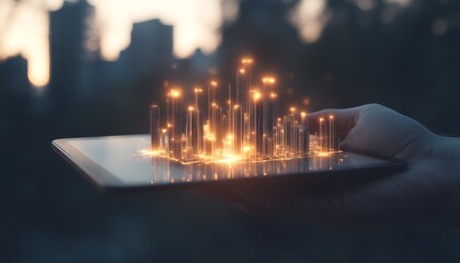Aufkleber - A hand holds a tablet displaying a glowing, miniature cityscape, with buildings illuminated against a blurred urban backdrop at sunset.