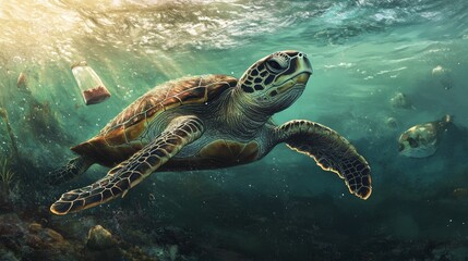 A sea turtle swims through polluted waters, showing ocean ecosystems at risk from rising temperatures. --ar 16:9 --v 6.1 Job ID: a1abd55d-8141-40e9-9ea2-cd96fbac2dbf