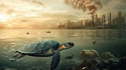 A sea turtle swims through polluted waters, showing ocean ecosystems at risk from rising temperatures. --ar 16:9 --v 6.1 Job ID: a1abd55d-8141-40e9-9ea2-cd96fbac2dbf