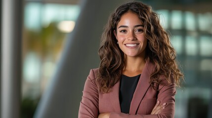 A confident woman with curly hair stands in professional attire, her posture and expression exuding assurance. The background gives a modern office ambiance.